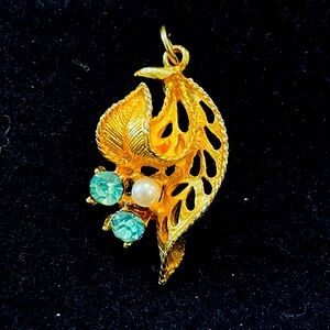 Vintage Leaf Floral Pendant with Blue and Pearl Gemstones